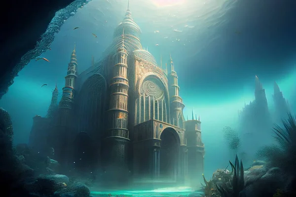 Mythical underwater city Atlantis, illustration. Depicting a lost civilization\'s remnants amidst marine life and coral reefs