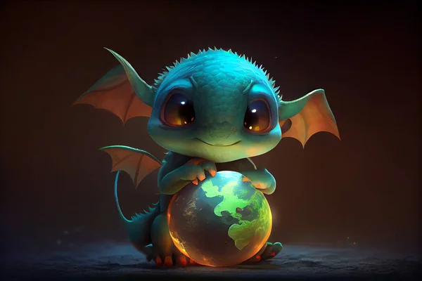 A charming baby dragon holding an Earth planet in its tiny hands, illustration