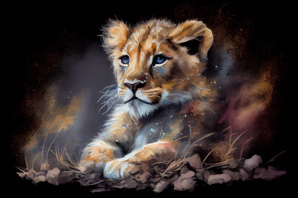 A striking illustration of a baby lion on a dark background, with bold brushstrokes and contrasting colors creating a dramatic and powerful image, watercolor style