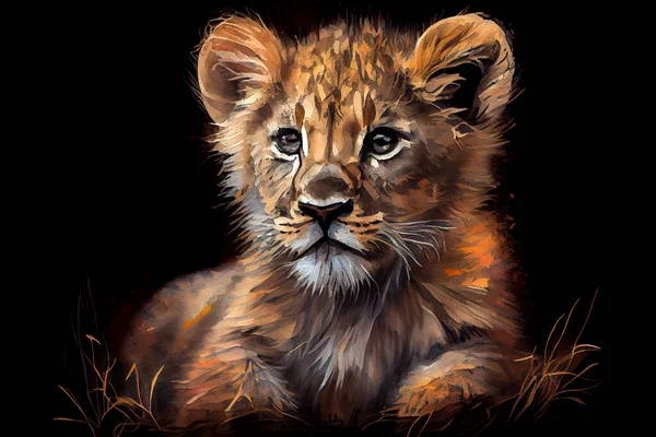 A striking illustration of a baby lion on a dark background, with bold brushstrokes and contrasting colors creating a dramatic and powerful image, watercolor style
