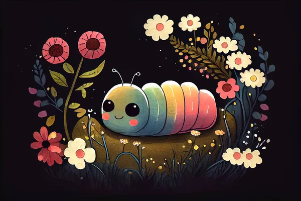 A cute illustration of a kawaii-style caterpillar in childlike drawing style, featuring vibrant colors and a playful demeanor, illustration in watercolor style