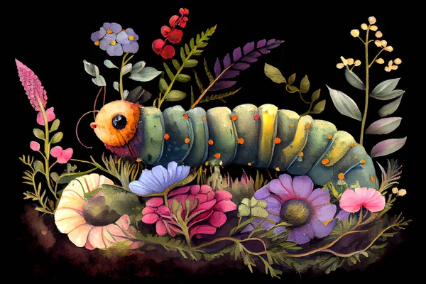 A cute illustration of a kawaii-style caterpillar in childlike drawing style, featuring vibrant colors and a playful demeanor, illustration in watercolor style