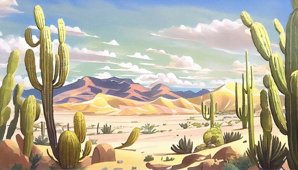 A beautiful desert landscape featuring cactuses in different shapes and sizes, illustration. The soft and subtle colors of the sky and sand fit with the soft green tones of the cacti