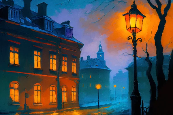 Beautiful evening city with dark blue sky and orange street lights,  illustration in oil painting style