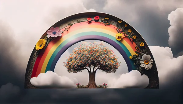 A rainbow arcing over a tree, illustration. Nature and ecology illustration
