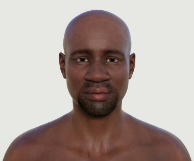 Benzersiz özelliklerini ve karakterini sergileyen Afrikalı bir adamın fotorealistik portresi, derisinin dokusunu ve ifadesinin detaylarını çarpıcı bir şekilde yakalayan 3D illüstrasyon.