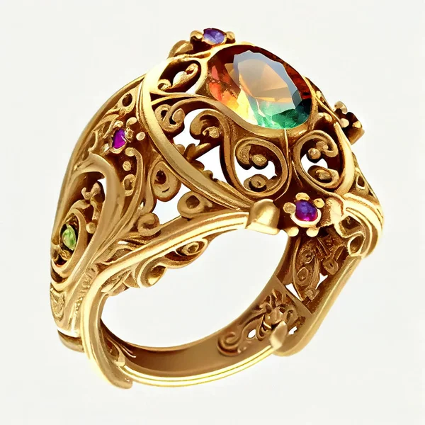 Golden ring with gem stone of unique exclusive design, digital illustration. Vintage gold ring