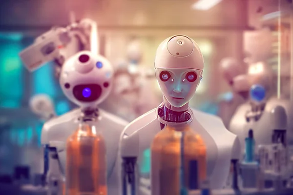 Humanoid robots working in a medical laboratory, conceptual illustration. Futuristic bacteriology laboratory. Concept of artificial intelligence for medicine and laboratory industry