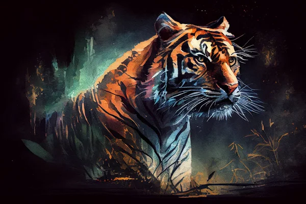 A tiger on a dark background, illustration. The use of contrasting colors enhances the tiger\'s natural beauty and power, while the dark background adds depth and drama to the artwork.