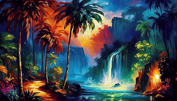 A stunning tropical island paradise with palm trees swaying in the gentle breeze, and a vibrant rainbow stretching across the sky, creating a breathtaking atmosphere, illustration.
