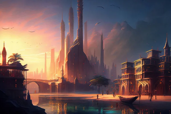 A futuristic city in a desert showcasing a vibrant and thriving metropolis, illustration. The use of vibrant colors and intricate details creates a dreamlike, otherworldly atmosphere