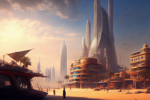 A futuristic city in a desert showcasing a vibrant and thriving metropolis, illustration. The use of vibrant colors and intricate details creates a dreamlike, otherworldly atmosphere