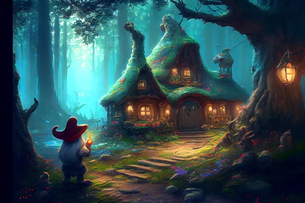A whimsical illustration featuring charming gnome houses nestled amongst the lush forest foliage. This fairytale scene transports you to a magical world of fantasy and enchantment.