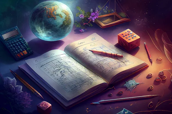 A fantasy math background featuring imaginary mathematical equations, formulas, symbols and charts, ai generated illustration.