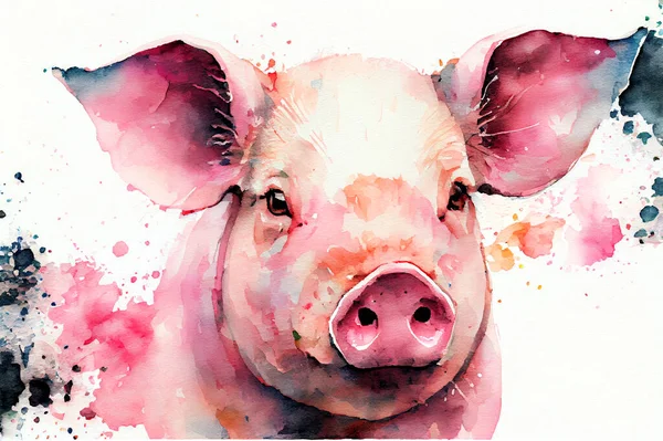 Cute pink pig, illustration in watercolor style