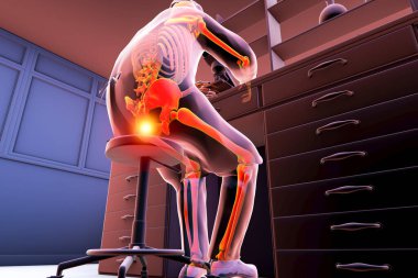 A man in a laboratory setting experiencing pain in his coccyx, conceptual 3D illustration highlighting the discomfort and possible injury that can occur from prolonged sitting or repetitive activities clipart