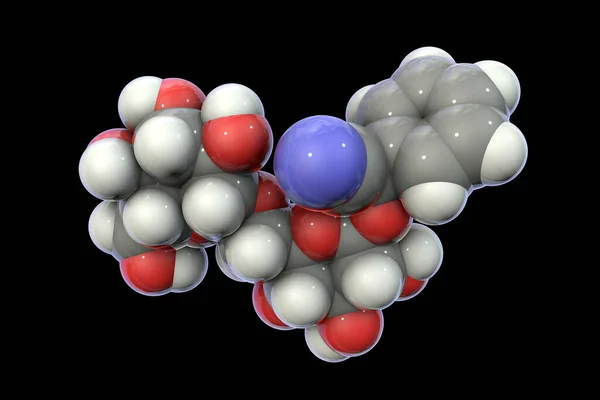 扁桃体蛋白的分子模型 也被称为紫杉醇或维生素B17 3D说明 杏仁一种天然形成的化合物 存在于许多果实的坑中 包括杏仁 — 图库照片