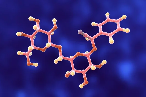 扁桃体蛋白的分子模型 也被称为紫杉醇或维生素B17 3D说明 杏仁一种天然形成的化合物 存在于许多果实的坑中 包括杏仁 — 图库照片