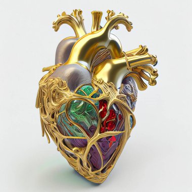 Mücevher şeklinde altın, seramik ve değerli taşlardan yapılmış insan kalbinin anatomik modeli.
