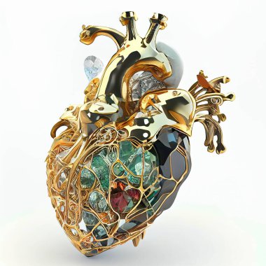 Jewerly in shape of anatomical model of human heart made from gold, ceramic and precious stones, illustration in 3D style clipart