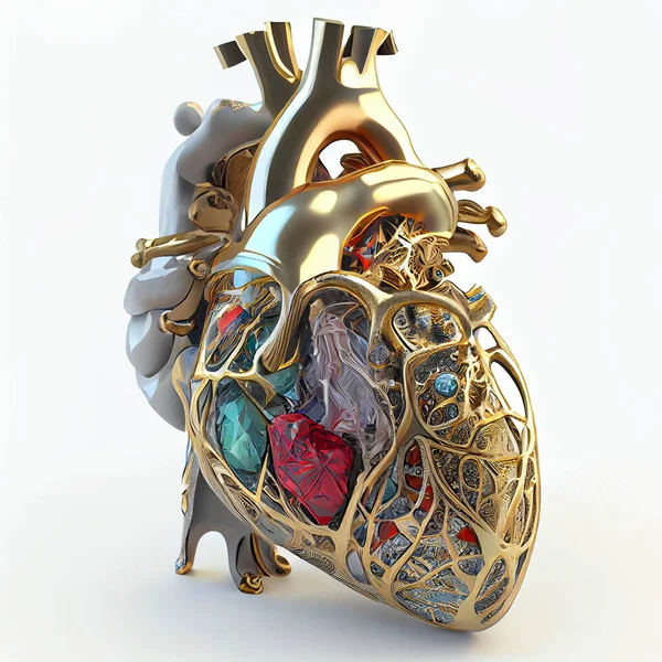 用黄金 陶瓷和宝石制成的人体心脏解剖模型 以3D的形式表现出来 — 图库照片