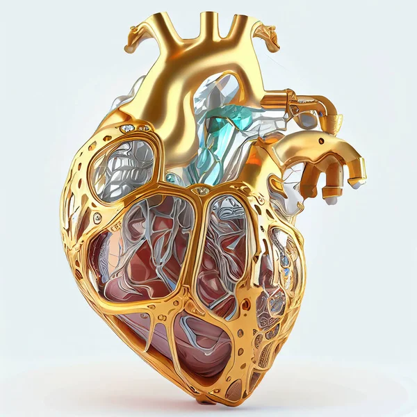 用黄金 陶瓷和宝石制成的人体心脏解剖模型 以3D的形式表现出来 — 图库照片