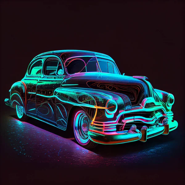 A neon-lit vintage car with neon illumination, illustration