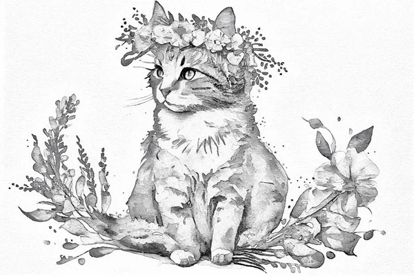 一个生动的猫的肖像 捕捉它好奇和顽皮的个性 数字画图的草图风格 猫爱好者和艺术爱好者的理想选择 — 图库照片