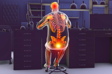 Laboratuvar ortamında ağrı çeken bir adam, uzun süreli oturma ya da tekrarlanan aktivitelerden kaynaklanan rahatsızlığı ve olası yaralanmayı vurgulayan kavramsal üç boyutlu bir çizim.