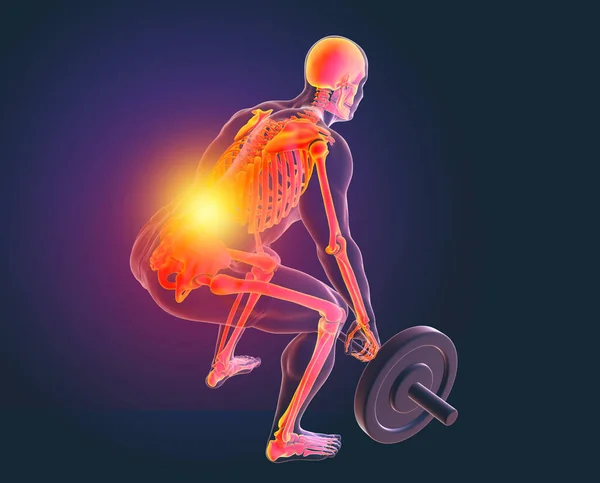 A man experiencing back pain while lifting a barbell with highlighted skeleton, conceptual 3d illustration