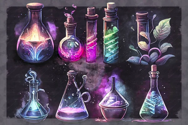 一套色彩斑斓的科学试管和在黑暗背景上的瓶子 展示了科学和实验的美丽 3D示意图风格 — 图库照片