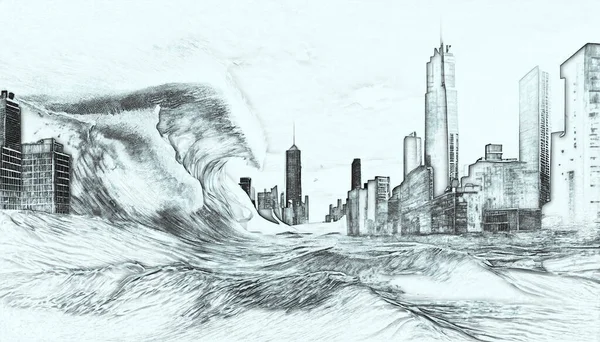 Una Ilustración Dramática Que Representa Una Ola Tsunami Que Eleva — Foto de Stock