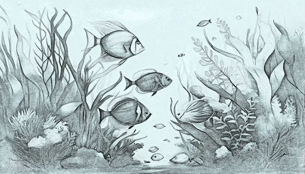 Красивий Підводний Світ Коралами Тропічною Рибою Цифрова Ілюстрація Стилі Ескізів — стокове фото