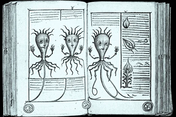 Drawings of aliens in antique book with annotations on an abstract language, digital illustration in sketch style