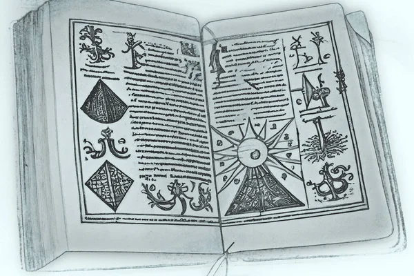 Disegni Incantesimi Attributi Magici Antico Libro Con Annotazioni Linguaggio Astratto — Foto Stock