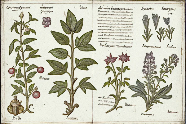 Dibujos Plantas Flores Libro Antiguo Con Anotaciones Sobre Lenguaje Abstracto — Foto de Stock