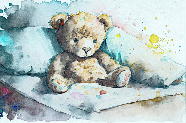 Upset sick teddy bear in bed, digital illustration in sketch style