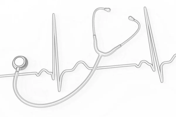 Medische Stethoscoop Achtergrond Met Ecg Illustratie Schets Stijl — Stockfoto