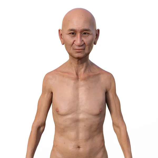 上半身のアジア系男性が自信を持ってカメラを見つめ 肌や顔の表情 複雑な体の解剖学を映し出す3Dフォトリアリスティックなイラスト — ストック写真