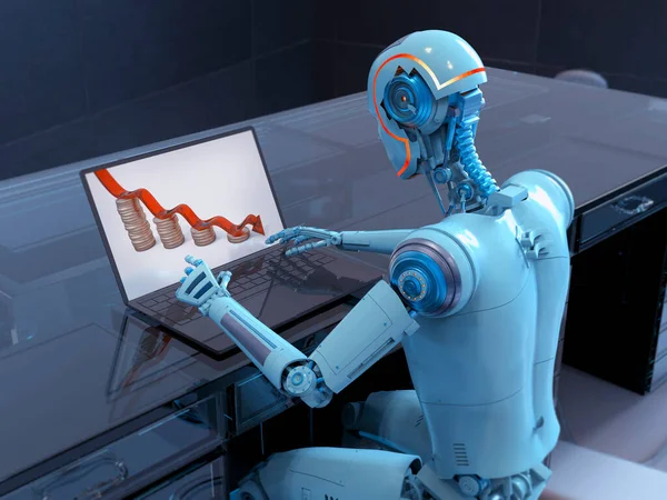 Robot Humanoide Que Trabaja Con Una Computadora Portátil Que Estudia —  Fotos de Stock