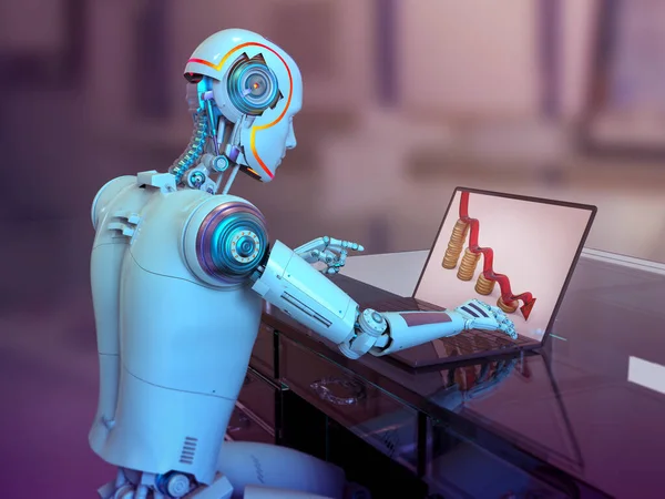 Гуманоидный Робот Работающий Ноутбуком Изучающий Экономическую Карту Концептуальную Иллюстрацию Искусственный — стоковое фото
