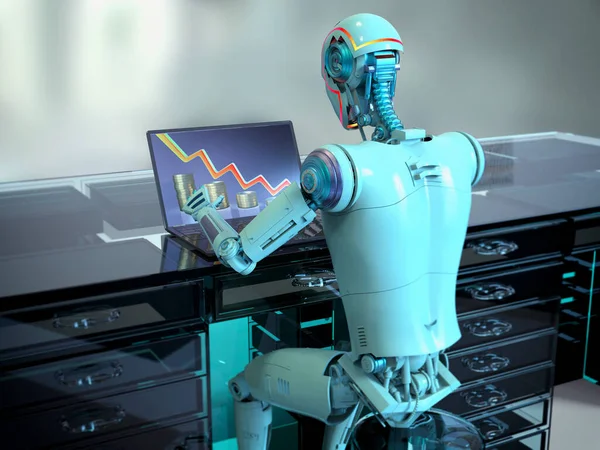 Гуманоидный Робот Работающий Ноутбуком Изучающий Экономическую Карту Концептуальную Иллюстрацию Искусственный — стоковое фото