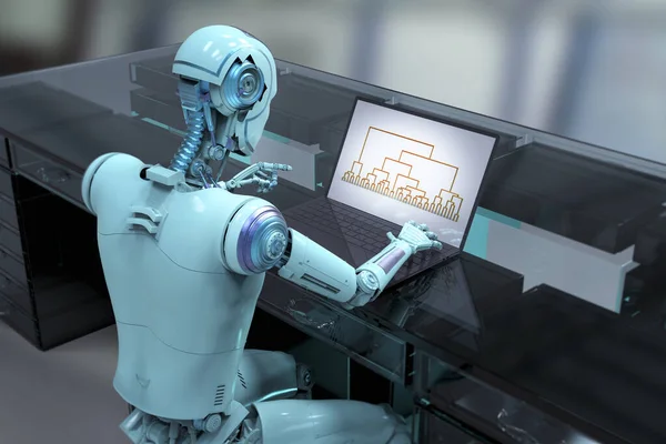 Una Ilustración Con Robot Humanoide Que Trabaja Con Una Computadora — Foto de Stock