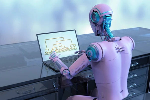 Ilustrace Humanoidním Robotem Zapojeným Práce Laptopem Analyzující Shlukovou Analýzu Dendrogramu — Stock fotografie