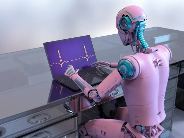 Illustration Visar Humanoid Robot Som Arbetar Med Bärbar Dator Medan — Stockfoto