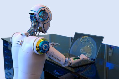 Bir dizüstü bilgisayarda coğrafya haritası üzerinde çalışan ve dünya coğrafyası ve ekonomisi alanlarında yapay zekanın uygulanmasını gösteren insansı bir robotun yer aldığı üç boyutlu bir illüstrasyon..