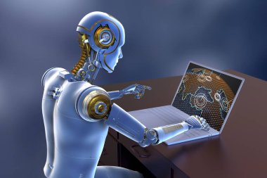 A 3D illustration featuring a humanoid robot engaged in studying a geography map on a laptop, showcasing the application of artificial intelligence in the fields of world geography and economy. clipart