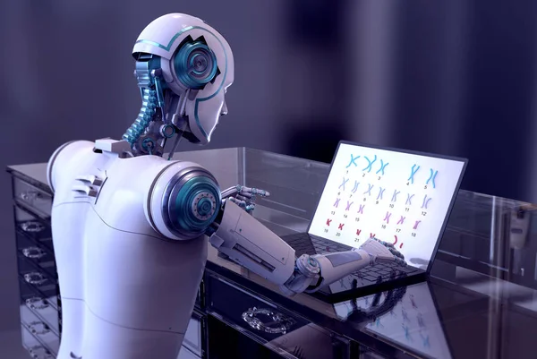 Ilustración Robot Humanoide Que Estudia Cromosomas Humanos Con Una Computadora —  Fotos de Stock