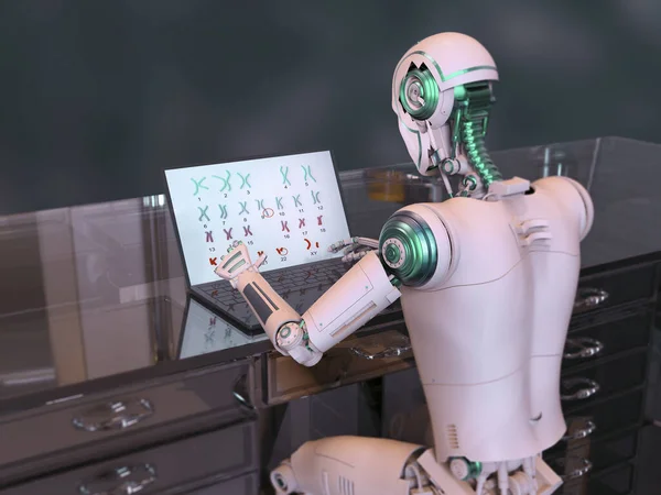 3D illustration of a humanoid robot studying human chromosomes with a laptop, highlighting the application of artificial intelligence in medicine, genetics, genetic disorder diagnosis and treatment.