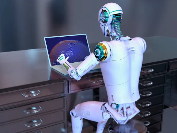 Illustration Med Humanoid Robot Som Studerar Geografi Karta Bärbar Dator — Stockfoto